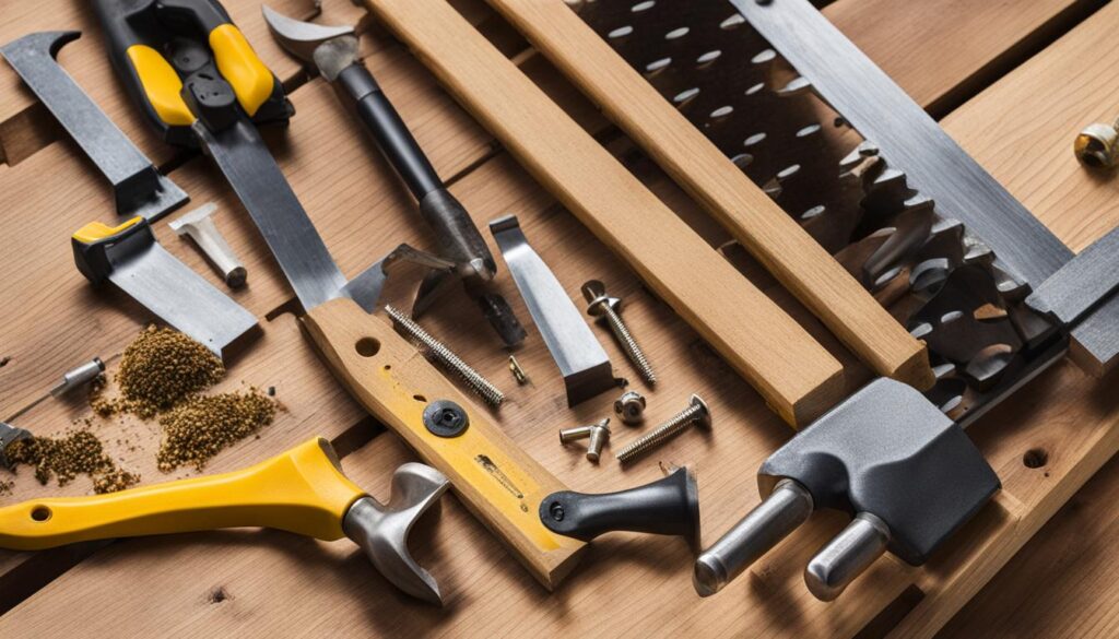 Werkzeug und Materialien für das Verlegen der Terrassendielen