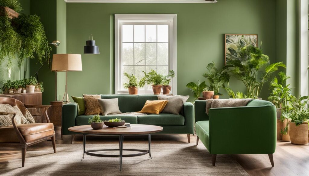 Wohnzimmer mit grünen Möbeln und Accessoires Wohnzimmer mit grünen Möbeln und Accessoires